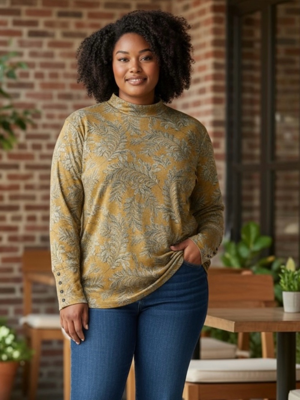 Rafaella Women’s Mustard & Gray Tropical Leaf Print Mock Neck Knit Top Size XL